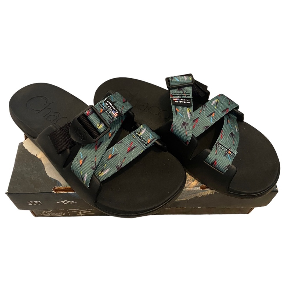 Chaco Women's Chaco xThomas Rhett Chillos Slide Green Fly Fishing, Size 8 Medium